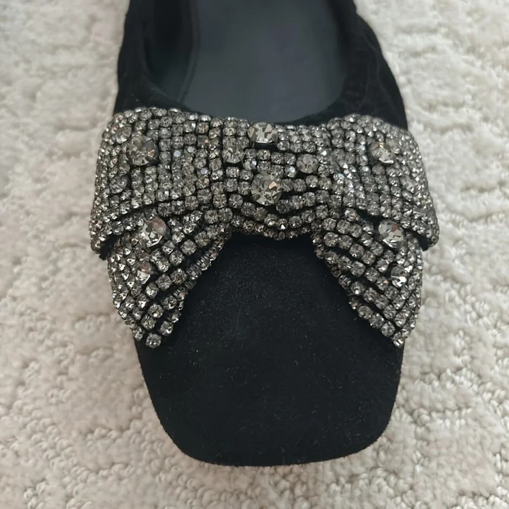 Tory Burch Black Crystal Bow Suede Ballet Flats